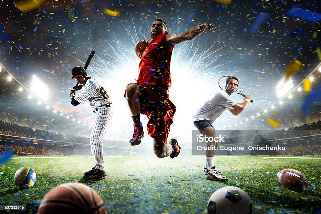 Multi sports players in action collage on grand arena Tennis football baseball players on grand arena Sport Stock Photo