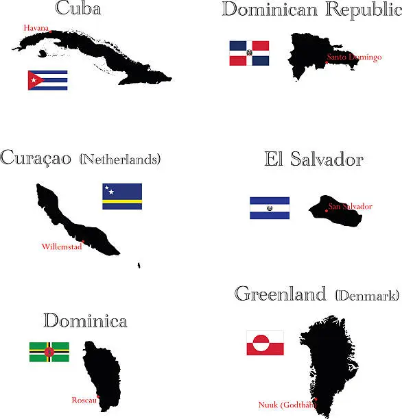 Vector illustration of Countries of North America. Cuba, Curacao, Dominica, DominicanRepublic, ElSalvador, Greenland.