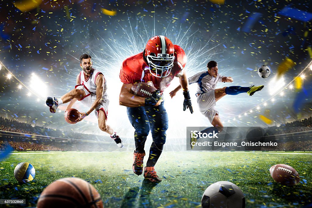 Multi sports proud players collage on grand arena Soccer football basketball players on grand arena Sport Stock Photo