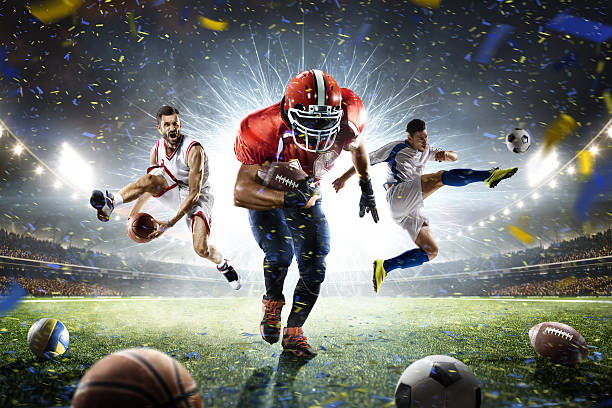 Multi sports proud players collage on grand arena Soccer football basketball players on grand arena aggression photos stock pictures, royalty-free photos & images