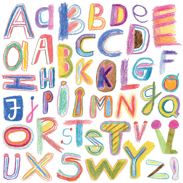 alphabet mit buntstiften gezeichnet - kinderzeichnung stock-grafiken, -clipart, -cartoons und -symbole