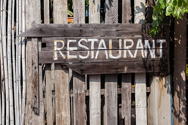 istock Wooden handmade sign restaurant on vintage plate 637338874