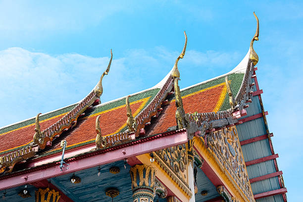 istock Thai style temple roof with blue sky 637340006