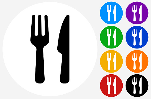 Food Utensils Icon on Flat Color Circle Buttons. This 100% royalty free vector illustration features the main icon pictured in black inside a white circle. The alternative color options in blue, green, yellow, red, purple, indigo, orange and black are on the right of the icon and are arranged in two vertical columns.