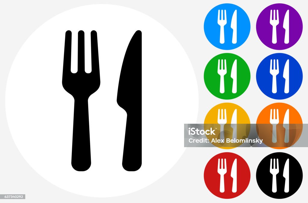 Food Utensils Icon on Flat Color Circle Buttons Food Utensils Icon on Flat Color Circle Buttons. This 100% royalty free vector illustration features the main icon pictured in black inside a white circle. The alternative color options in blue, green, yellow, red, purple, indigo, orange and black are on the right of the icon and are arranged in two vertical columns. Fork stock vector