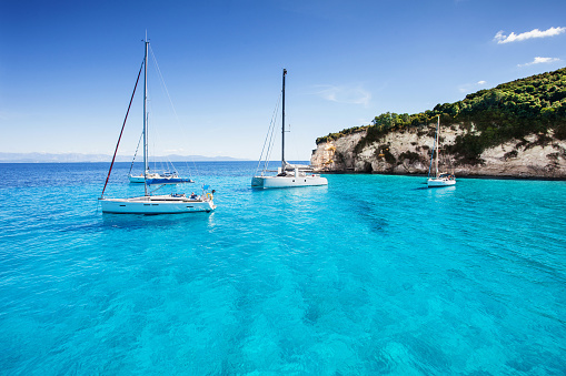 Beautiful bay with sailing boats, Paxos island, Greece