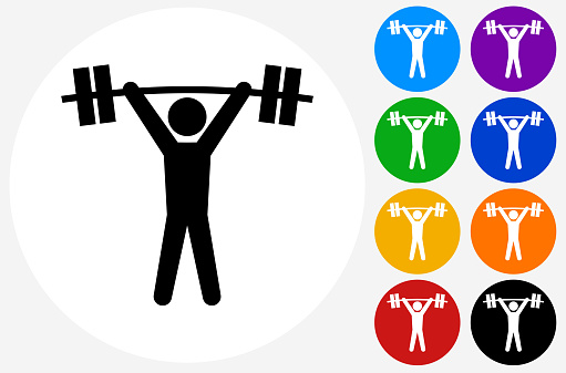 Weightlifter Icon on Flat Color Circle Buttons. This 100% royalty free vector illustration features the main icon pictured in black inside a white circle. The alternative color options in blue, green, yellow, red, purple, indigo, orange and black are on the right of the icon and are arranged in two vertical columns.