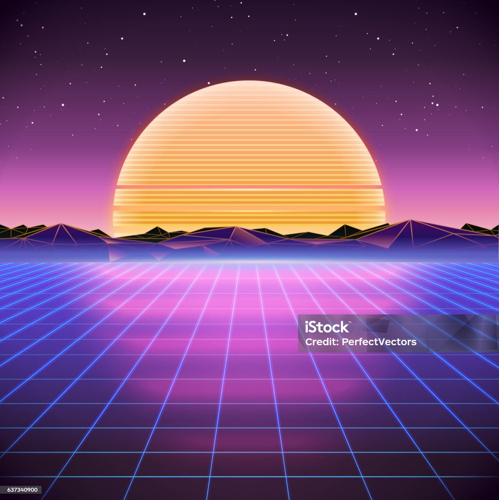 80s Retro Sci-Fi Background with Sunset 80s Retro Sci-Fi Background with Sunset. Vector retro futuristic synth retro wave illustration in 1980s posters style 1980-1989 stock vector