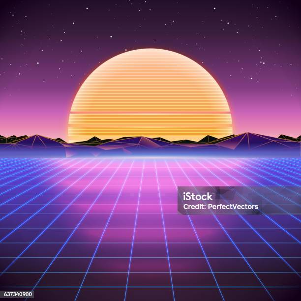 80s Retro Scifi Background With Sunset Stock Illustration - Download Image Now - 1980-1989, Futuristic, Retro Style
