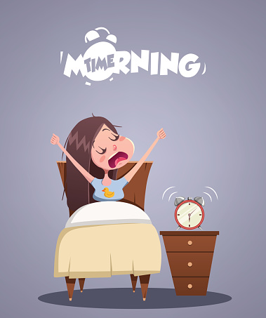 Daily Morning Life. Young girl yawns in bed. Vector illustration