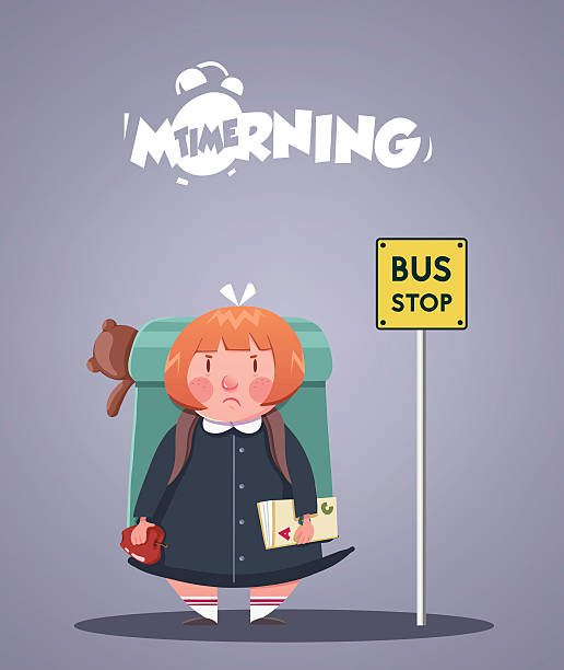 Daily Morning Life. Angry girl waiting for bus Daily Morning Life. Angry little girl waiting for school bus. Vector illustration school bus stop stock illustrations