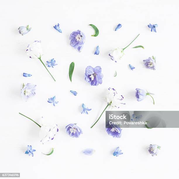 Photo libre de droit de Plat Lay Motif En Fleurs De Lilas banque d'images et plus d'images libres de droit de Fleur - Flore - Fleur - Flore, Pétale, Bleu