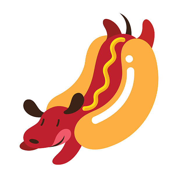 cartoon wiener hund von hot dog brötchenrolle gewickelt - wearing hot dog costume stock-grafiken, -clipart, -cartoons und -symbole