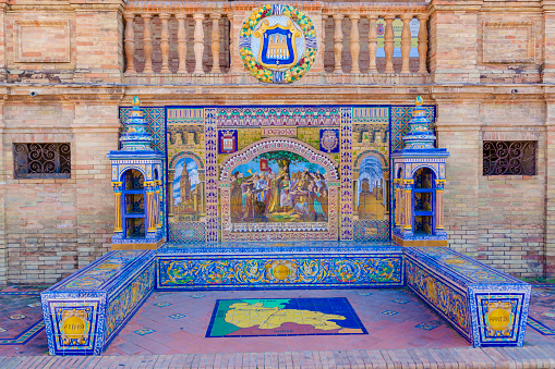 Glazed tiles bench of spanish province of Logrono at Plaza de Espana, Seville, Spain