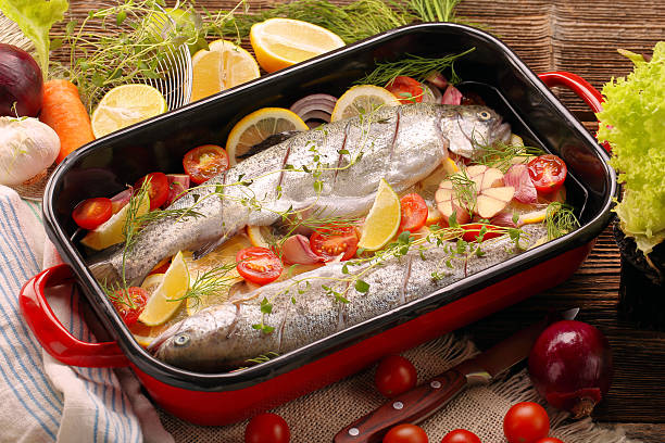istock Raw fish with vegetables in a pan ready to bake 637353584