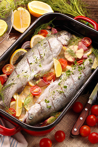 istock Raw fish with vegetables in a pan ready to bake 637353668