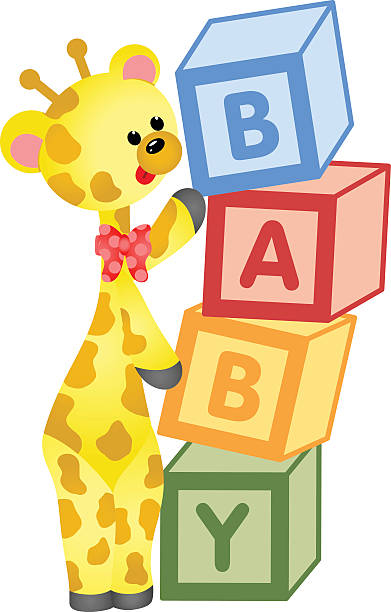 illustrations, cliparts, dessins animés et icônes de girafe mignonne avec des blocs de bébé alphabet - bébé cubes