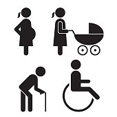 istock Pregnant, baby carriage, Walking stick and wheelchair Icons 637354072