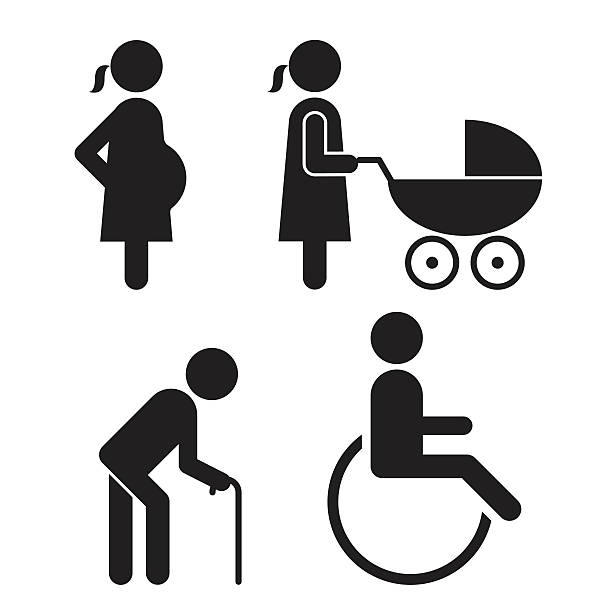 Pregnant, baby carriage, Walking stick and wheelchair Icons Eps10 vector illustration with layers (removeable). Pdf, Png and high resolution jpeg file included (300dpi). baby carriage stock illustrations