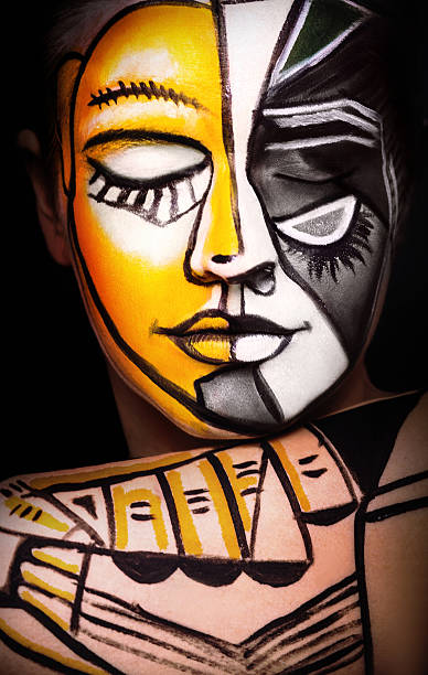 Woman with  Face art, original surrealism make-up Woman with creative visage and closed eyes.  Face art, original make-up, conceptual idea for surrealism picture on Face. Art painting body in an unusual style. body paint stock pictures, royalty-free photos & images
