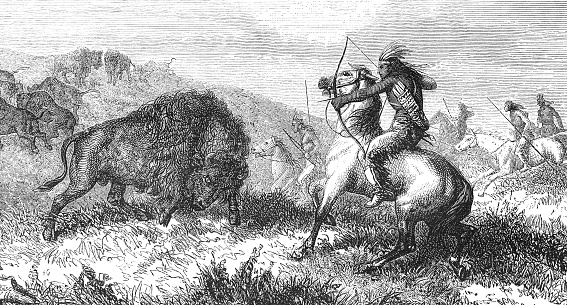 Steel engraving Group of native americans hunting buffalo from 1868