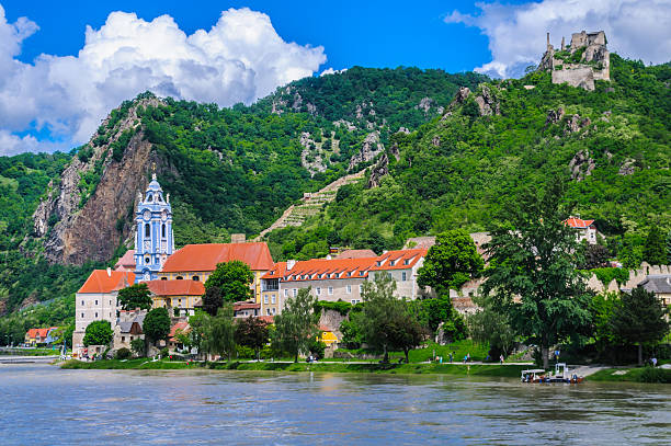Durnstein Abbey Landscape The beautiful blue and white clock tower of the Durnstein Abbey along the Danube River in lower Austria. durnstein stock pictures, royalty-free photos & images