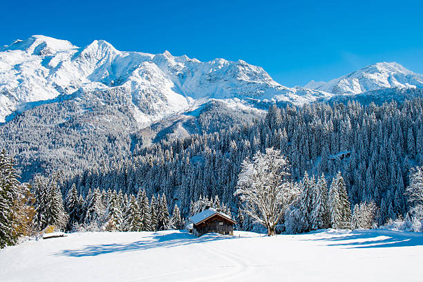 Mont blanc winter Winter landscape of Mont Blanc from Colombaz, Les Contamines, Chamonix, France auvergne rhône alpes stock pictures, royalty-free photos & images