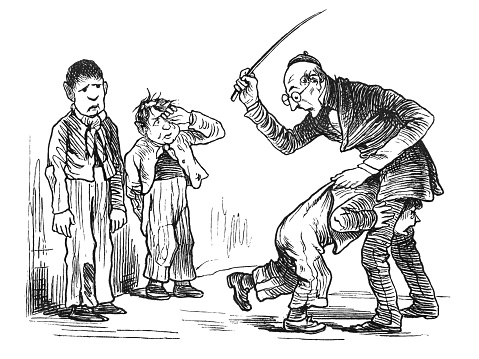 Steel engraving Elderly school teacher punishing a boy with a cane from 1876