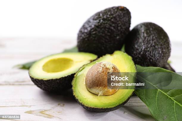 Green Ripe Avocado With Leaves Close Up Stock Photo - Download Image Now - Avocado, Ripe, Freshness