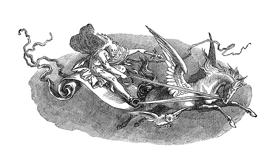 Steel engraving Jester riding pegasus from 1876