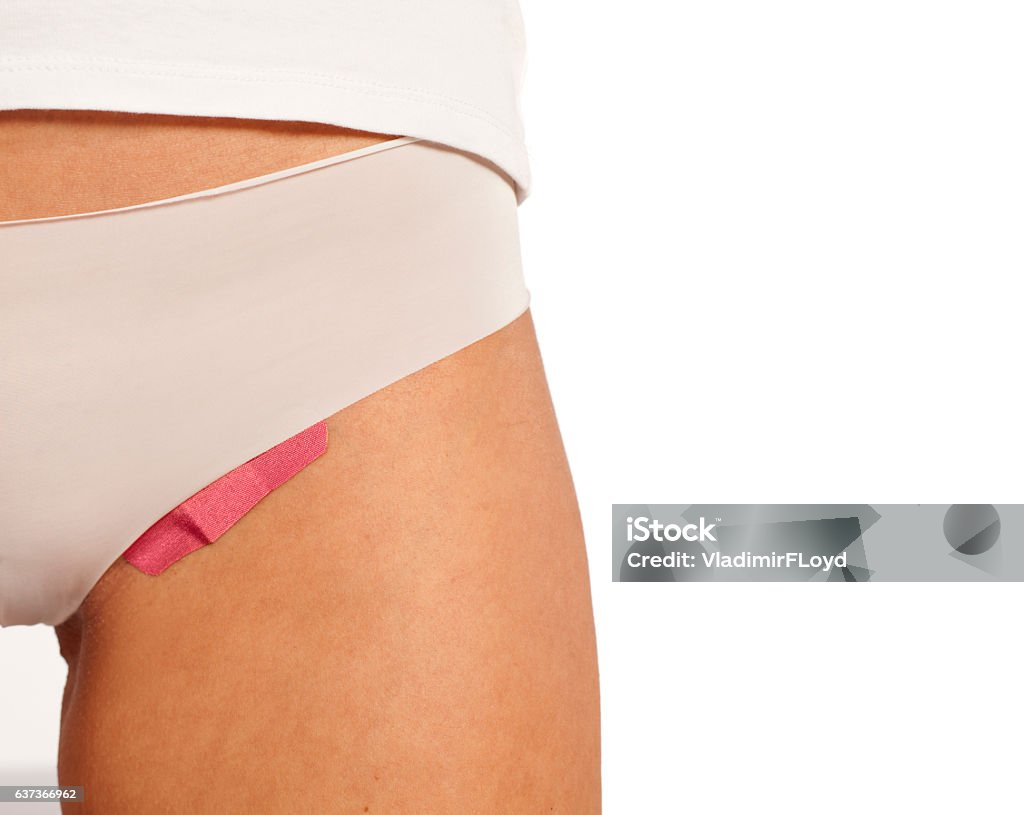 injuries of waxing. Band-Aid on groin Waxing - Hair Removal Stock Photo