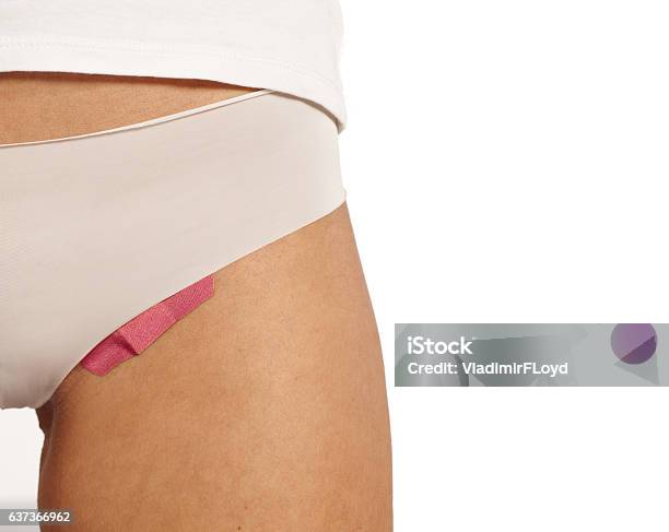 Injuries Of Waxing Bandaid On Groin Stock Photo - Download Image Now - Waxing - Hair Removal, Pain, Human Groin