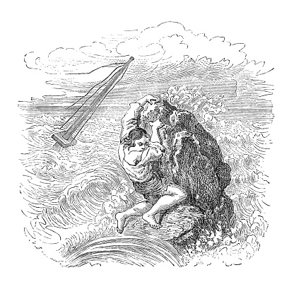 Robinson Crusoe with sinking ship stranding steel engraving published in 1881 