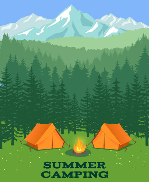 Forest camping vector illustration. Tourist tent on glade Forest camping vector illustration. Tourist tent on glade. Adventure and rest in summer wood camping illustrations stock illustrations