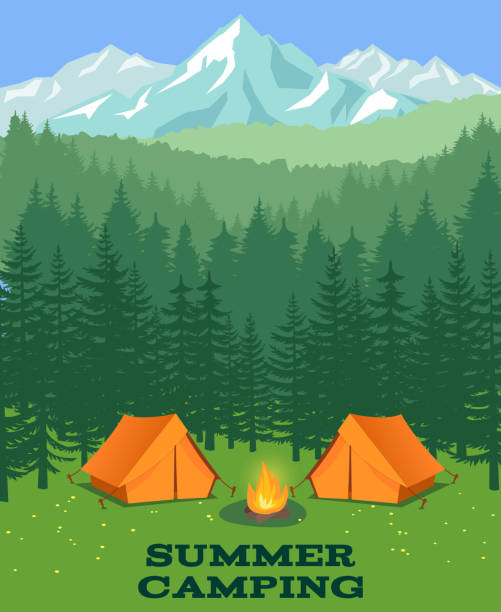 Forest camping vector illustration. Tourist tent on glade Forest camping vector illustration. Tourist tent on glade. Adventure and rest in summer wood background of a camping stock illustrations