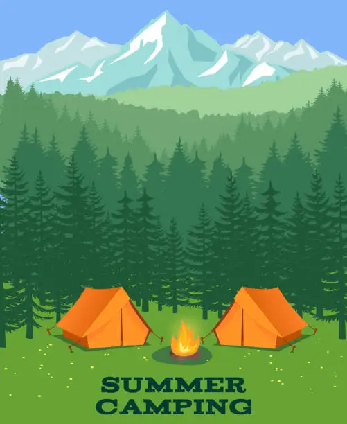 Vector illustration of Forest camping vector illustration. Tourist tent on glade