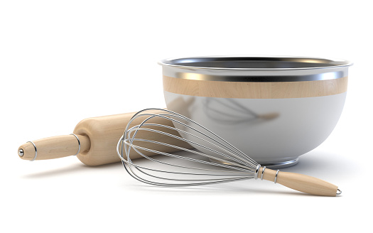 Wire whisk, wooden rolling pin and chrome bowl. 3D render illustration isolated on white background