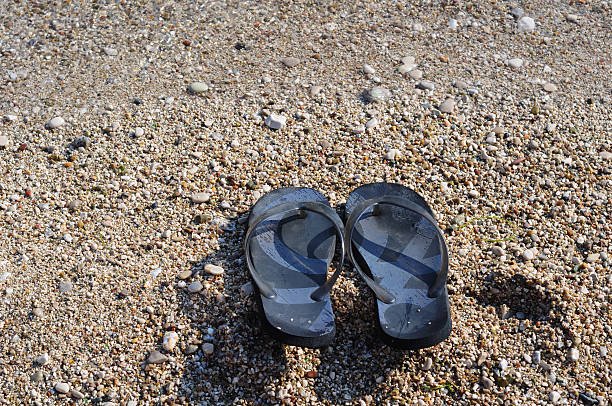 istock Fashion sandals on rocky beach 637370210