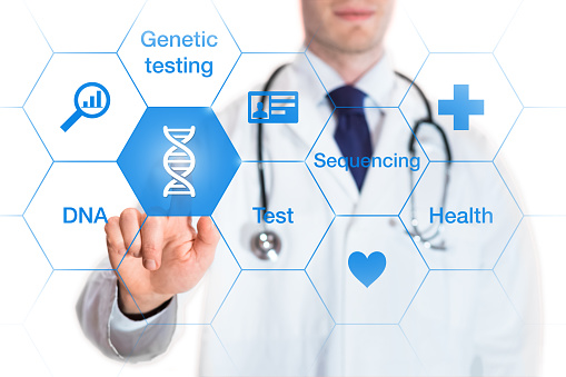 Genetic testing concept with DNA icon and words on a screen and a medical doctor touching a button, isolated on white background
