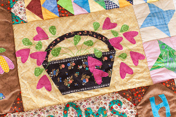 istock Part of patchwork quilt as background. Handmade 637372420