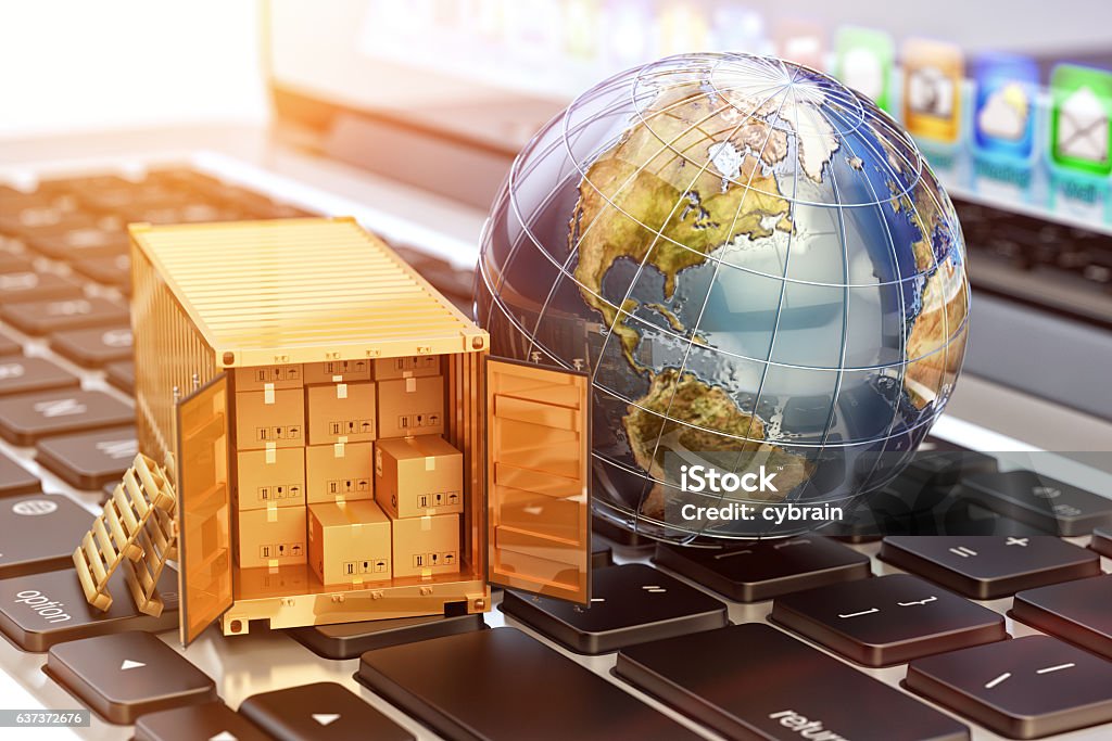 Internet shopping and e-commerce, package delivery concept Global freight transportation business, cargo container with cardboard boxes and Earth globe on laptop Global Business Stock Photo