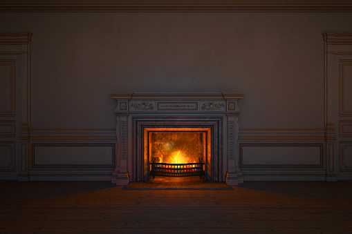 Empty castle room with fireplace, 3D image.