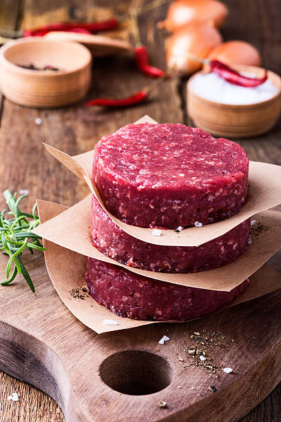 istock Raw ground beef, round patties for making burgers 637373942