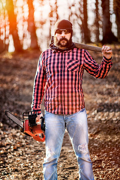 istock Lumberjack worker standing in the forest with axe and chainsaw 637375098