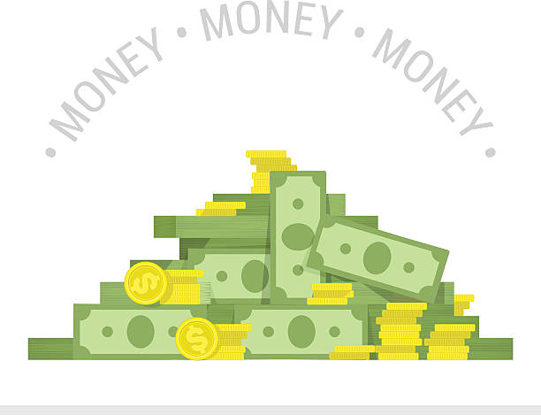 Big pile of money vector illustration. Concept of big money. Big pile of cash. Business and banking concept. Heap of cash, American dollars, pack, parcel, batch, flock, package modern design isolated on white background in flat style. huge pile of money stock illustrations