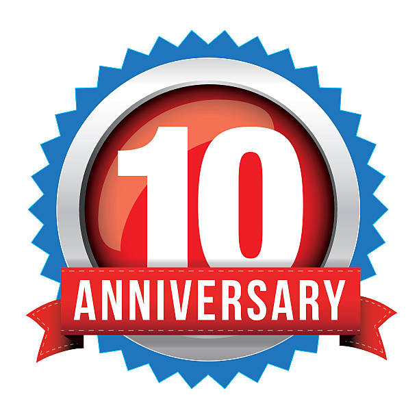 istock Ten years anniversary badge with red ribbon 637375542