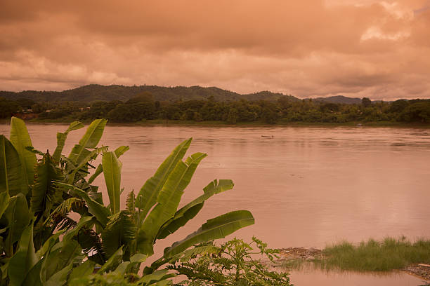 the landscape of the mekong river at the town of Chiang Khan in Isan in north east Thailand