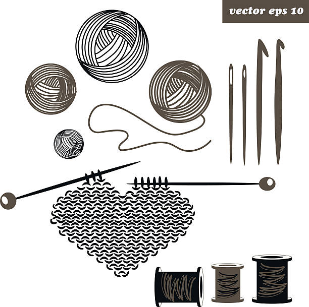 zestaw dziewiarski - wool knitting heart shape thread stock illustrations