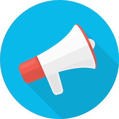 Flat vector icon of megaphone with long shadow. Icon for social media marketing concept. Megaphone sign in modern flat style.