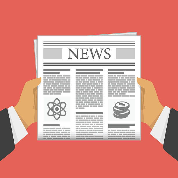 Newspaper in hand. Business man hands holding newspaper. Man reading a Newspaper news. Vector illustration in flat design on red background. newspapers vector stock illustrations